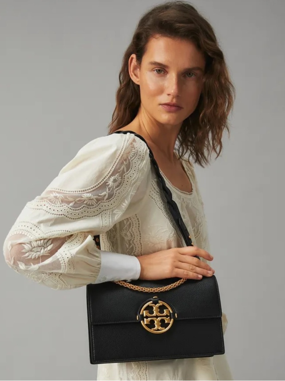 Tory Burch Black Miller Shoulder Bag with Gold Logo Plate